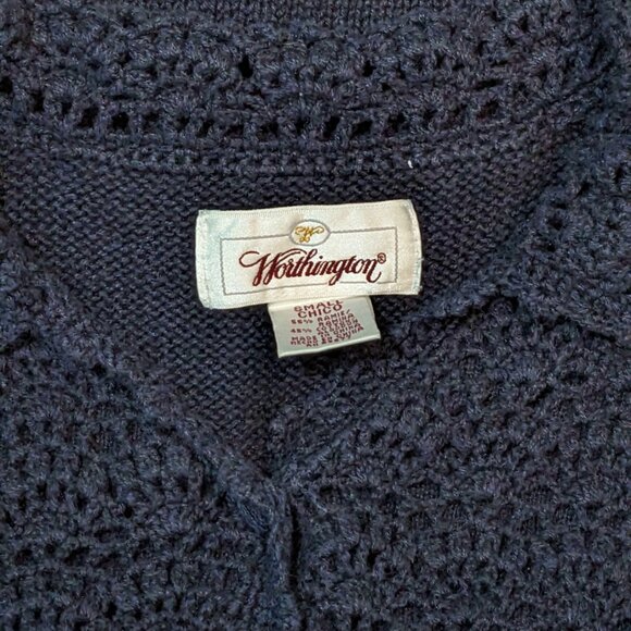 Worthington Vintage Navy Crochet Short Sleeve Sweater Cardigan Size S Preowned - Picture 7 of 7